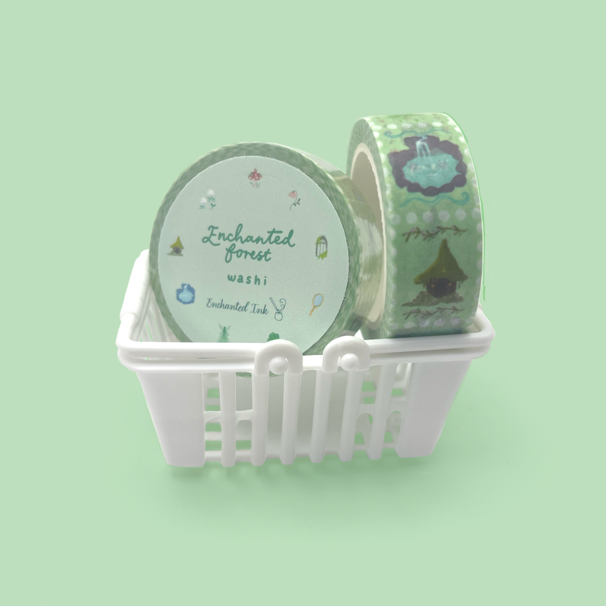 Green fantasy washi tape on a green background in a basket 
