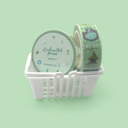 Green fantasy washi tape on a green background in a basket 