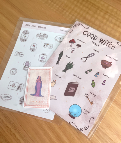 Witchy Bundle – Good Witch Art Print, Holographic Tarot Sticker & Magic Barcodes Washi Sticker Sheet