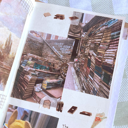 Bookish washi tape used in a journal spread for reading logs and memory keeping
