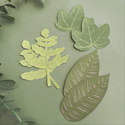 Whimsical botanical paper stickers with woodland leaf illustrations for planners and journals