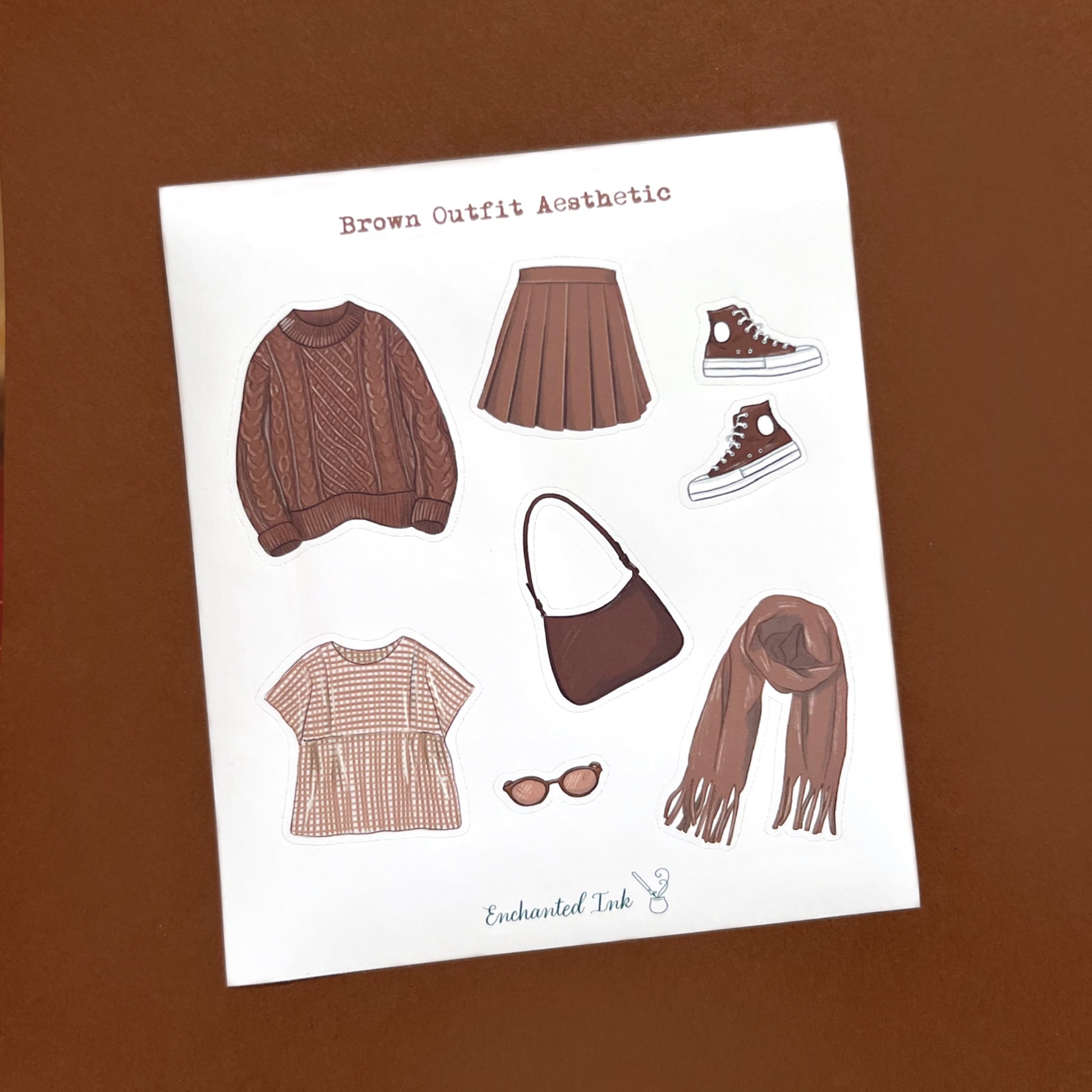 Brown outfit aesthetic vinyl sticker sheet featuring sweater, skirt, shoes and accessories