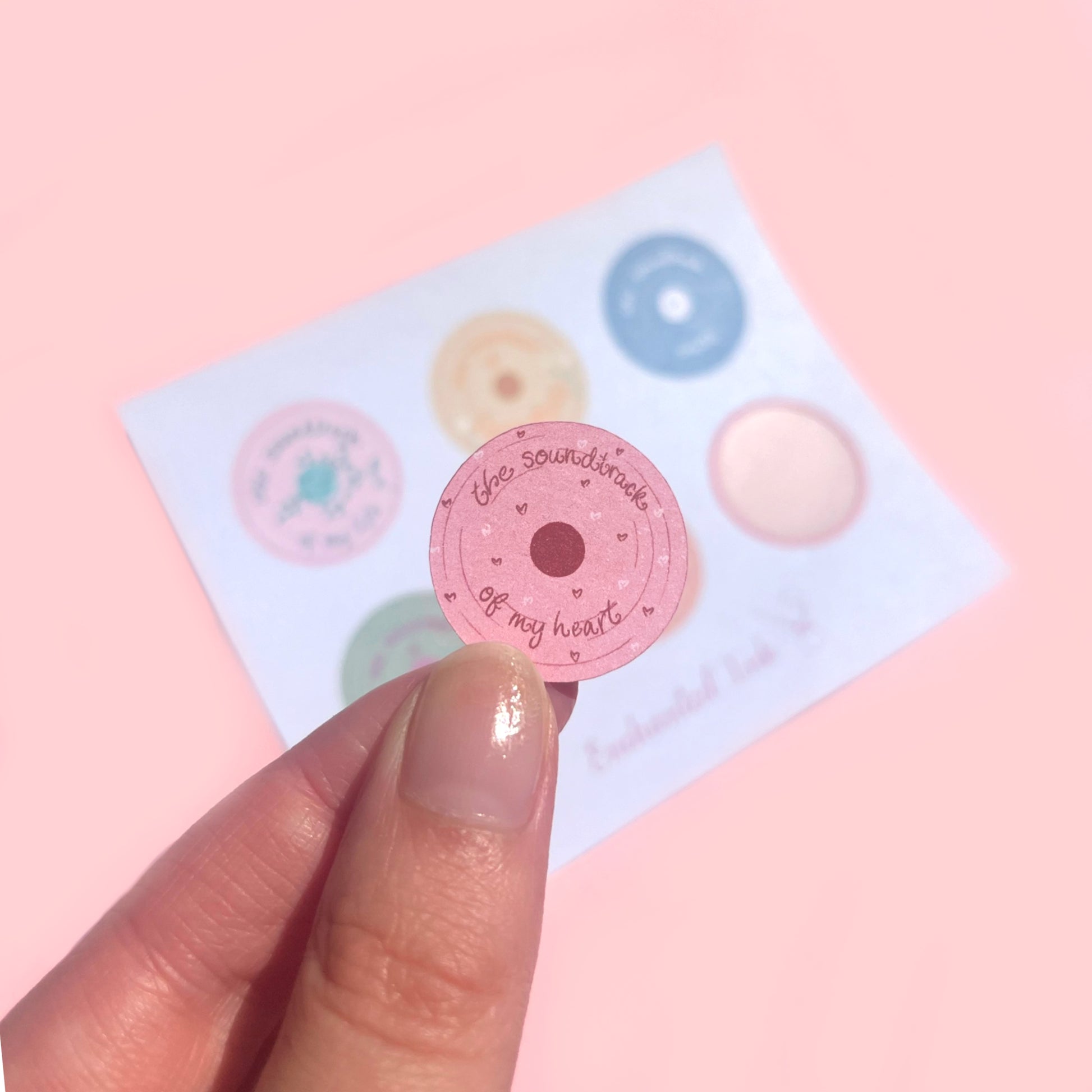 Close-up of colourful record stickers on matte paper