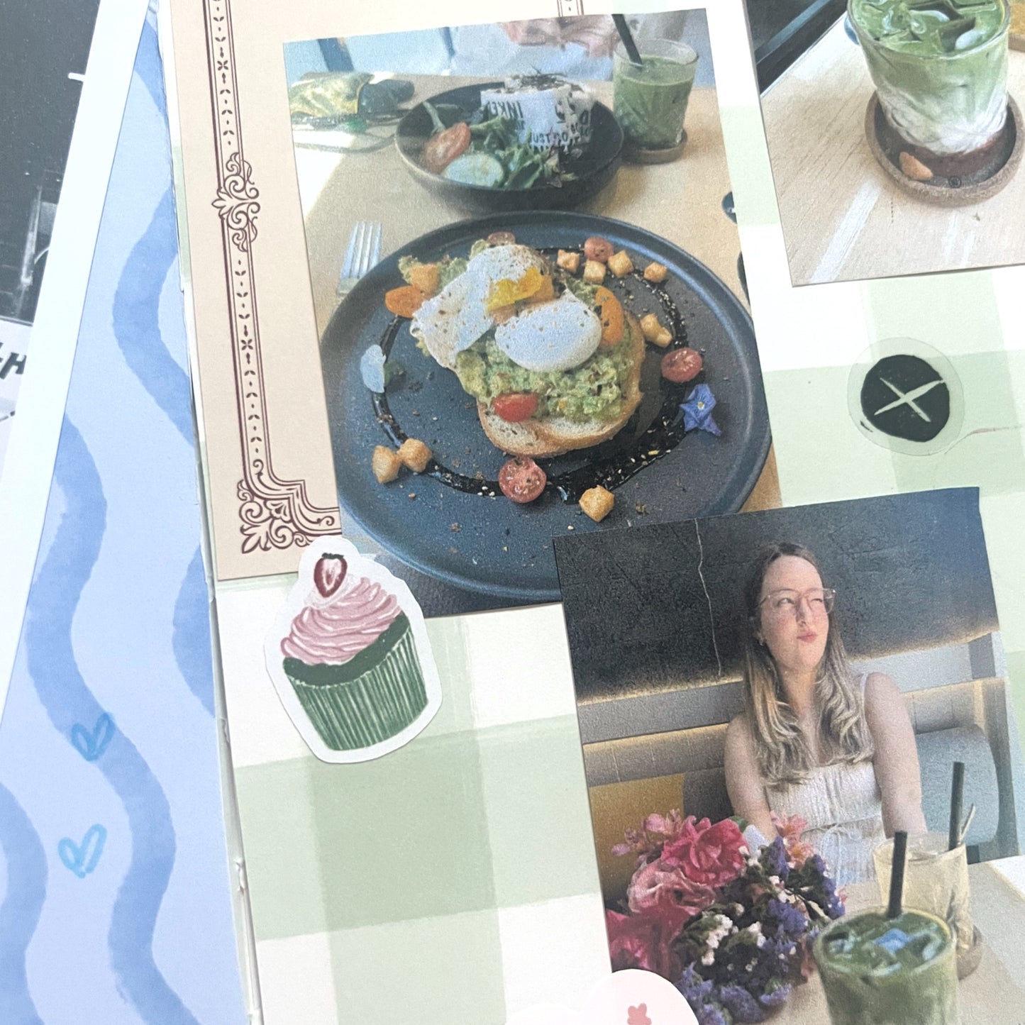Strawberry matcha stickers used in a cozy journal spread
