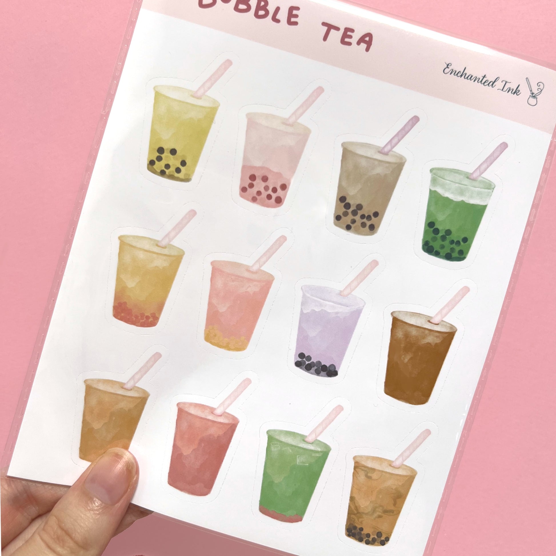 Cute bubble tea drink vinyl stickers on a sticker sheet