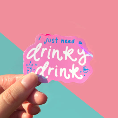 Holographic vinyl sticker with playful drink illustration