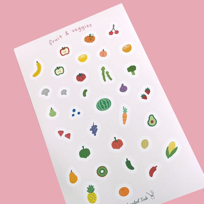 Whimsical Fruit & Veggie Matte Vinyl Sticker Sheet | Cute Grocery Stickers