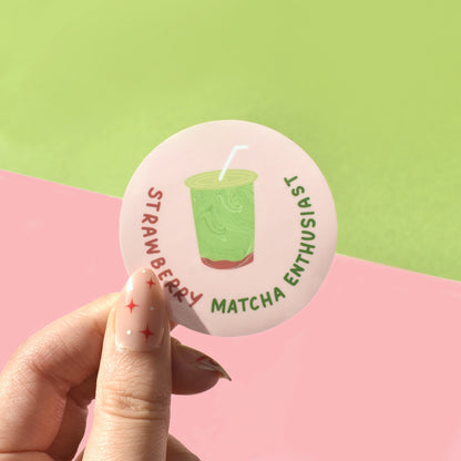 Cute café sticker with strawberry matcha design