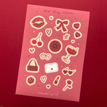Dark cherry aesthetic vinyl sticker sheet with hand-drawn cherries and vintage motifs