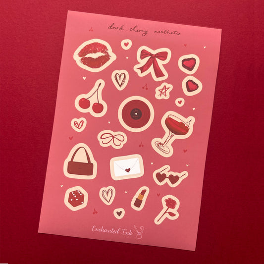 Dark cherry aesthetic vinyl sticker sheet with hand-drawn cherries and vintage motifs