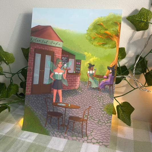Matte fantasy art print of enchanted forest café with fairy server and two witches sitting at table