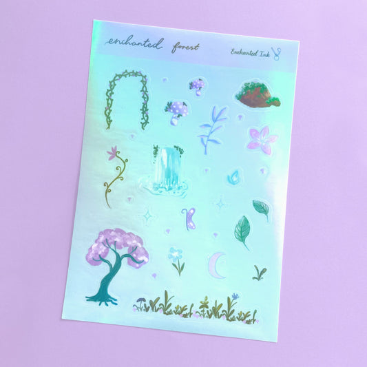 Enchanted forest holographic vinyl sticker sheet with whimsical woodland illustrations on blue background