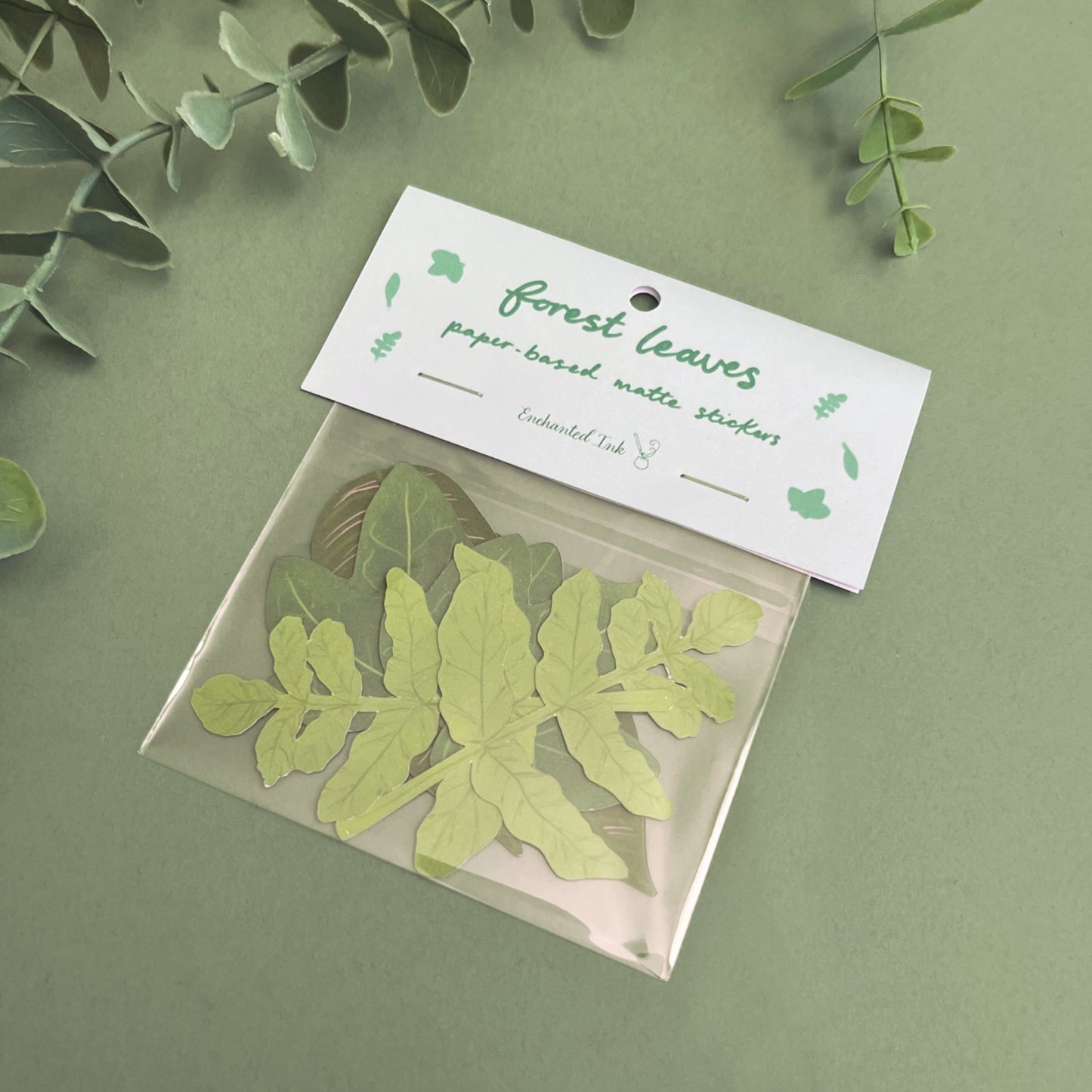 Matte paper sticker pack featuring illustrated enchanted forest leaves for journaling and scrapbooking