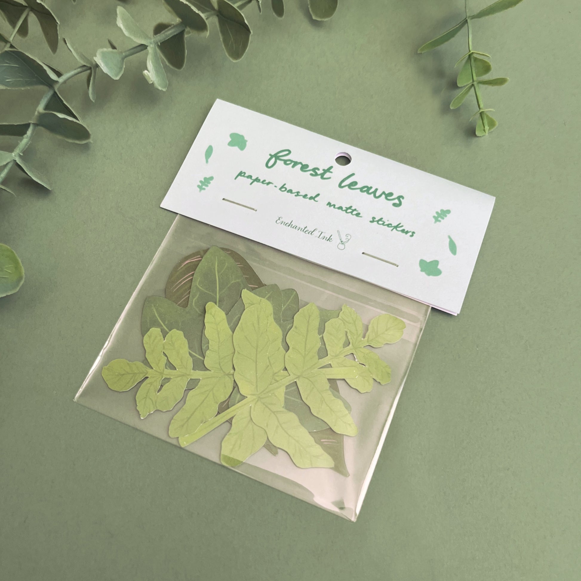 Matte paper sticker pack featuring illustrated enchanted forest leaves for journaling and scrapbooking