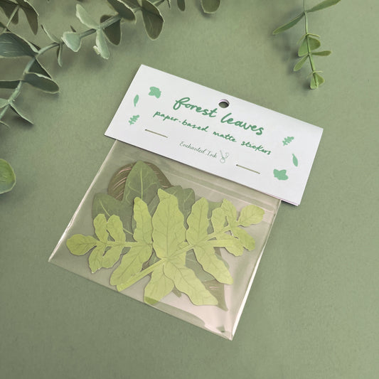 Matte paper sticker pack featuring illustrated enchanted forest leaves for journaling and scrapbooking