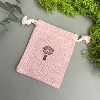 Whimsical mushroom drawstring pouch for storing stationery, dice and everyday treasures