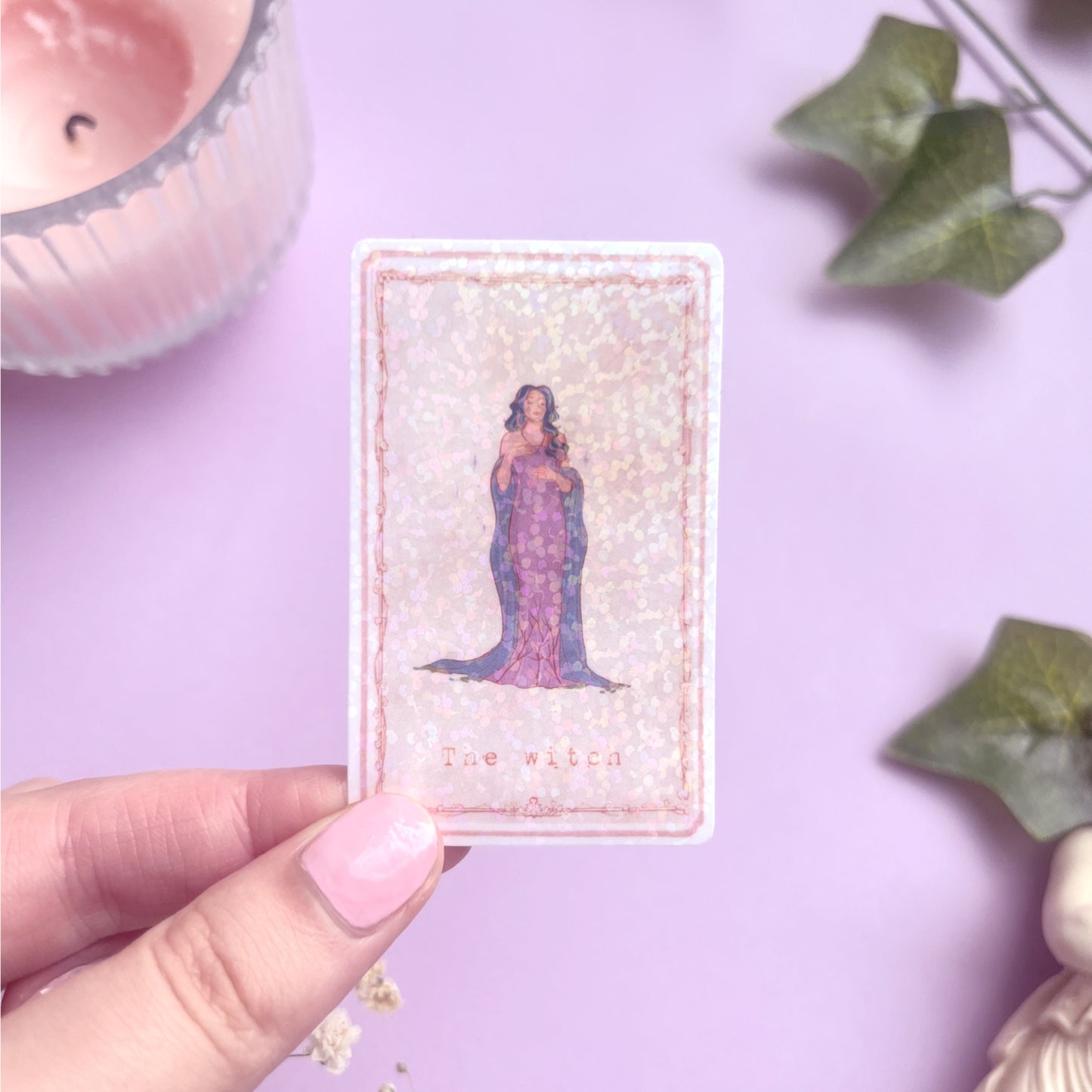 Close-up of holographic Enchanted Tarot Stickers showing intricate witch design 