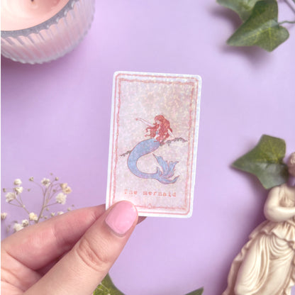 Close-up of holographic Vinyl Enchanted Tarot Stickers showing intricate mermaid design.