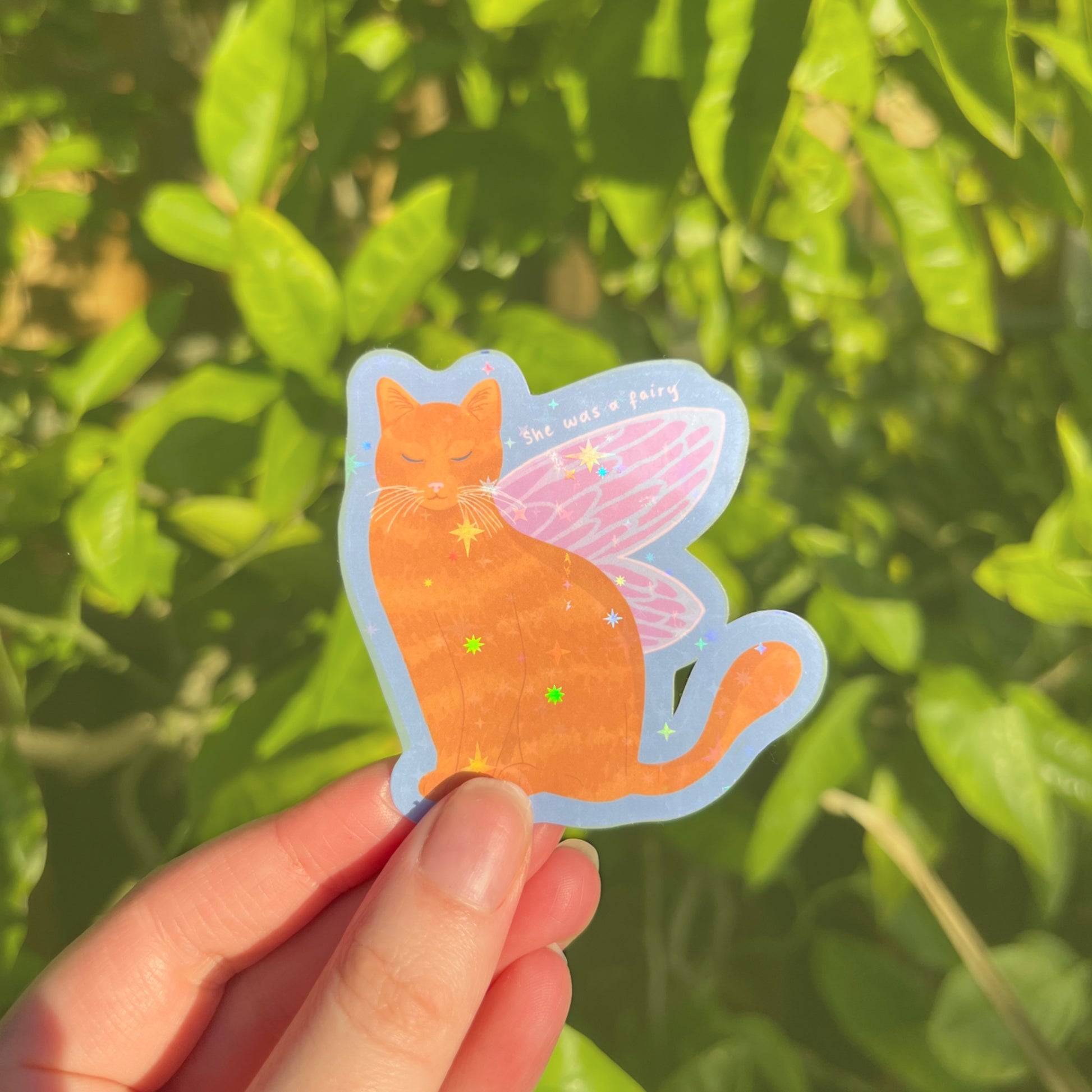 Fantasy cat vinyl sticker with fairy wings and holographic finish