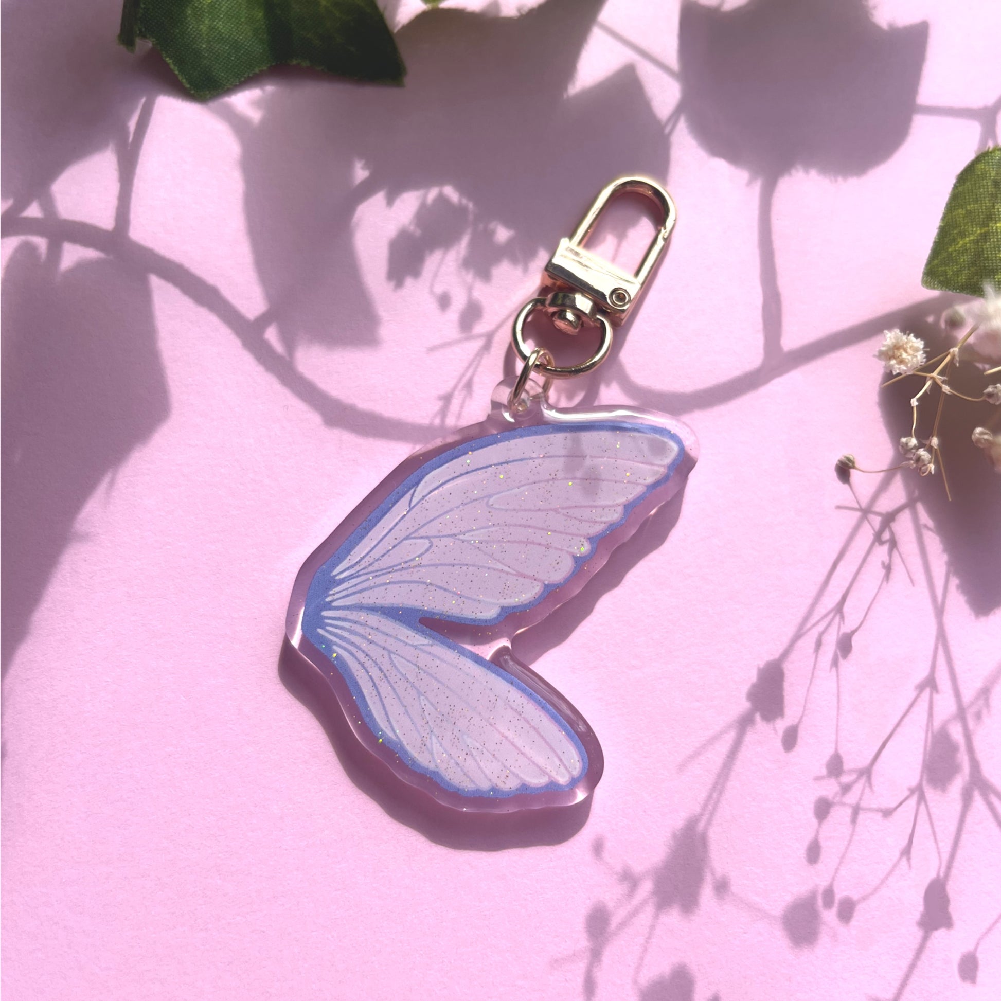 Pink and purple fairy wing acrylic keychain with gold clasp fantasy accessory