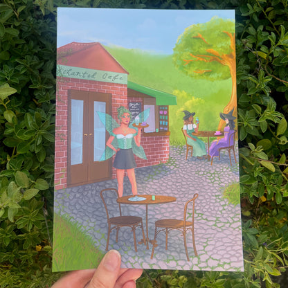 Whimsical matte wall art featuring fairy server and witches in magical café set in the forest