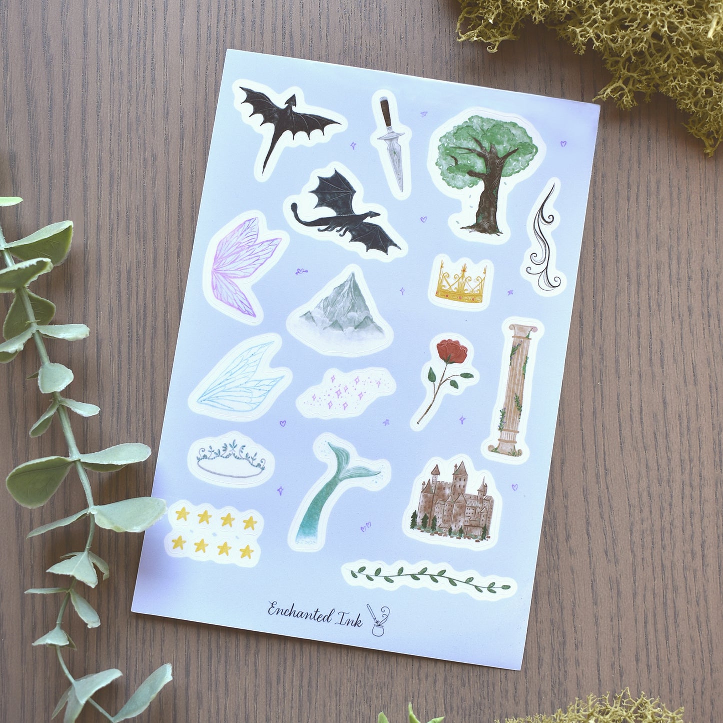 Fantasy bookish sticker sheet with dragons and reading themed designs