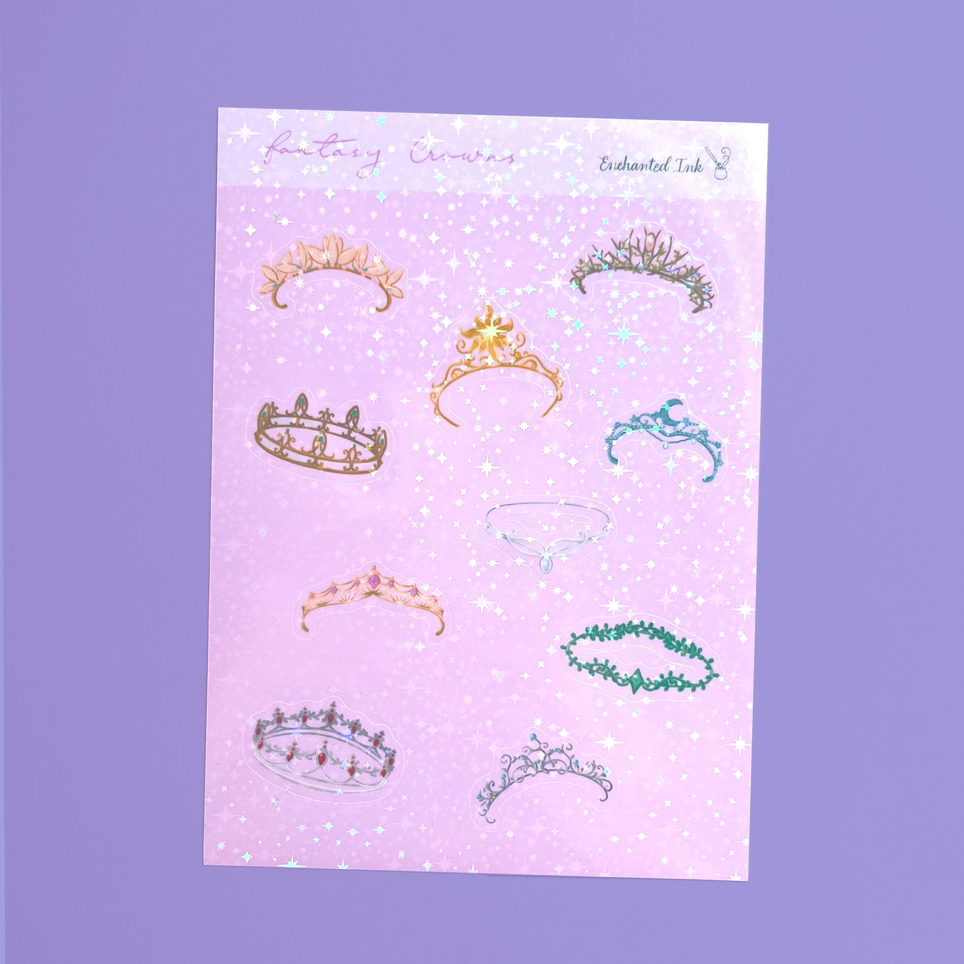 Fantasy crown holographic vinyl sticker sheet with magical crown designs for journals and planners