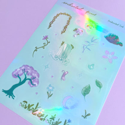 Fantasy forest sticker sheet with purple and green magical woodland designs and holographic shimmer