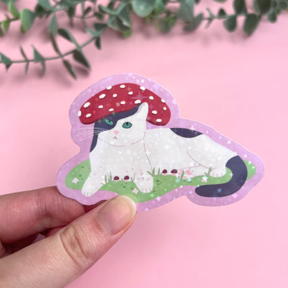 Whimsical holographic cat sticker with mushroom cap hat inspired by enchanted forests