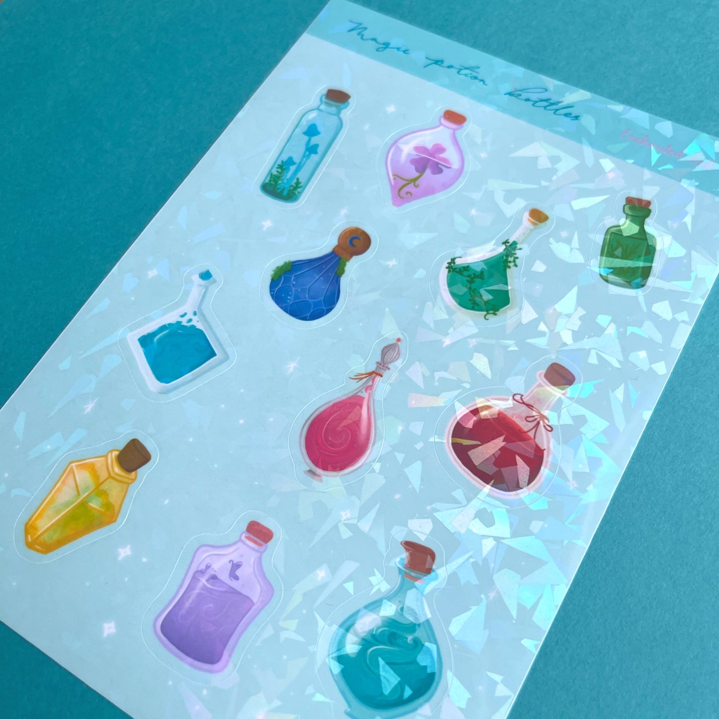 Fantasy sticker sheet featuring colourful potion bottles with fragment holographic shimmer