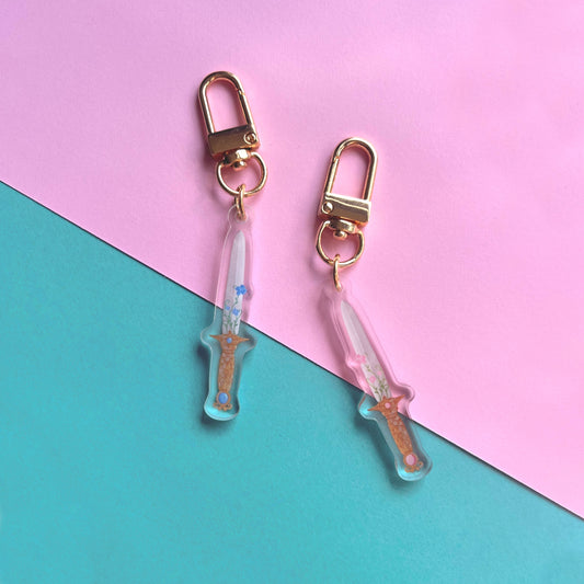 Fantasy Sword Acrylic Keychain Set | Pink & Blue Floral Charms