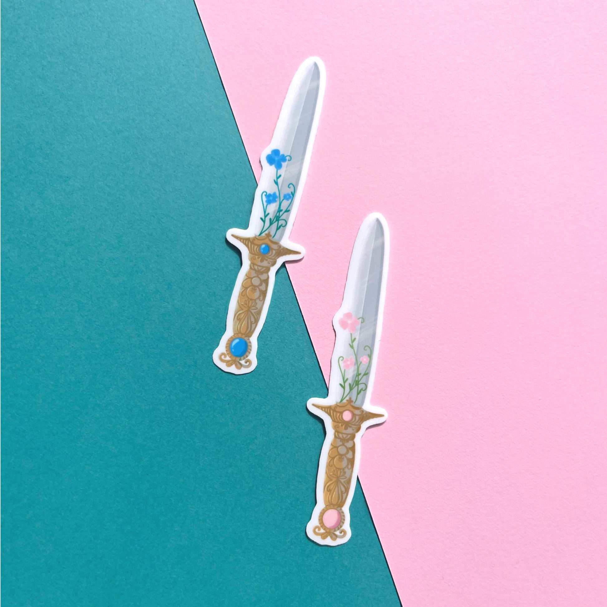 Fantasy sword vinyl sticker set with pink and blue floral swords featuring gemstone details