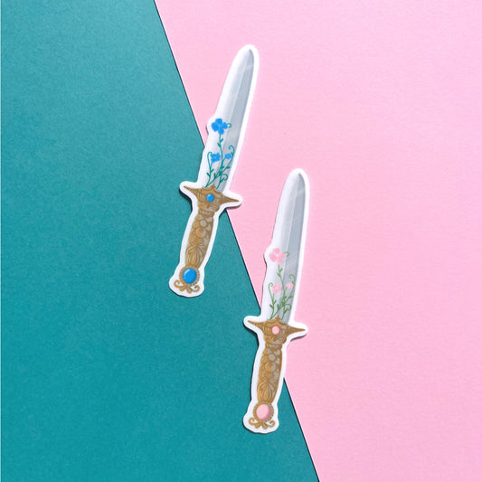 Fantasy sword vinyl sticker set with pink and blue floral swords featuring gemstone details