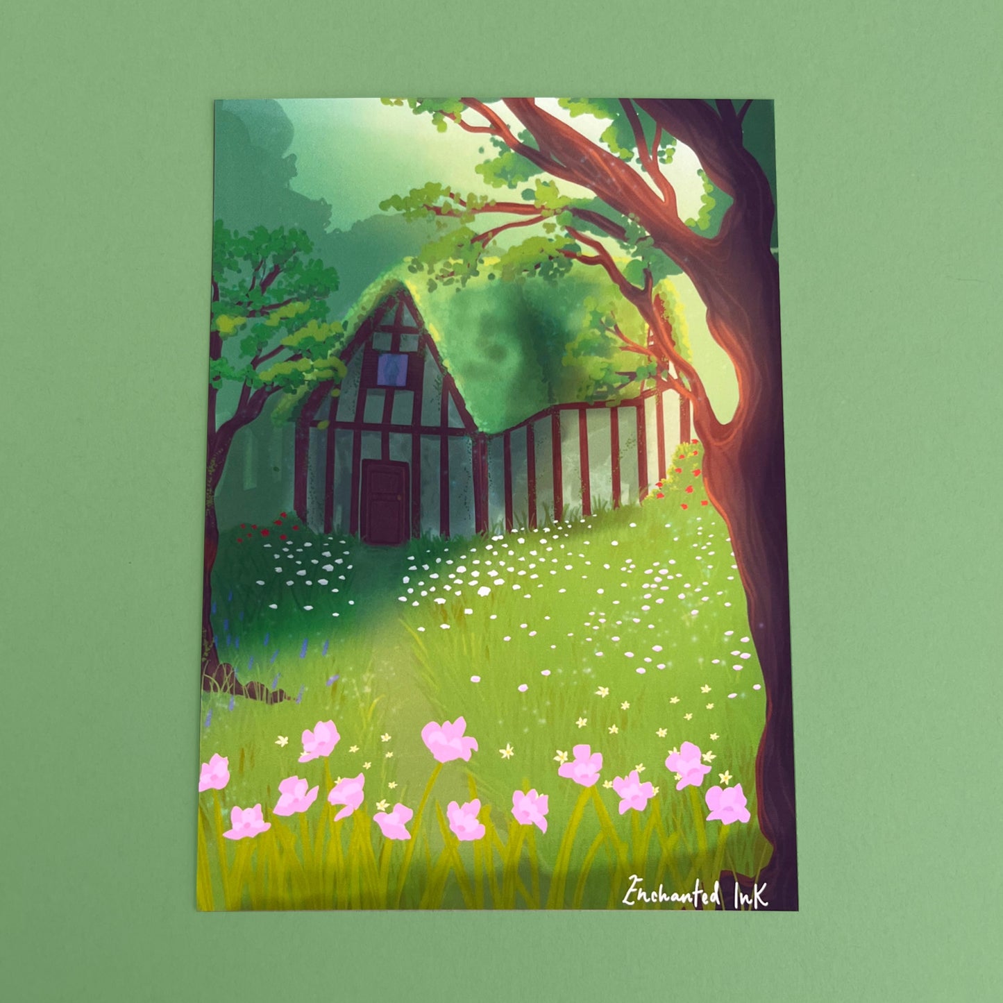 Matte fantasy art print featuring a cozy witches' cottage hidden deep within an enchanted forest