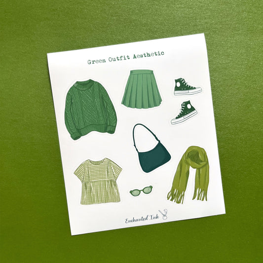 Green outfit aesthetic vinyl sticker sheet featuring sweater, skirt, shoes and accessories