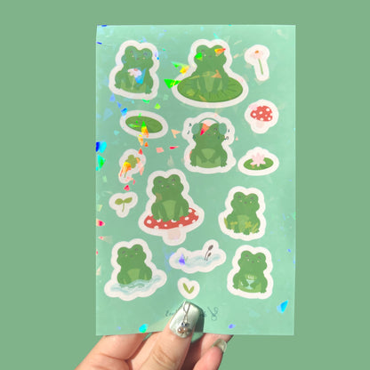 Holographic frog vinyl sticker sheet with cute frog designs