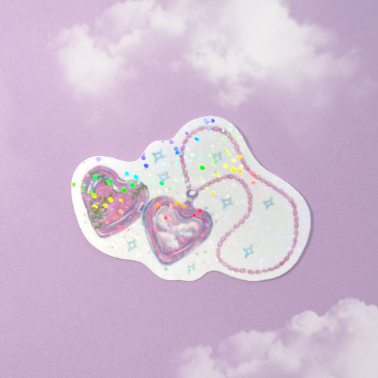 Holographic heart locket vinyl sticker with dreamy cloud design