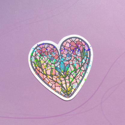 Close-up of holographic stained glass heart sticker reflecting light