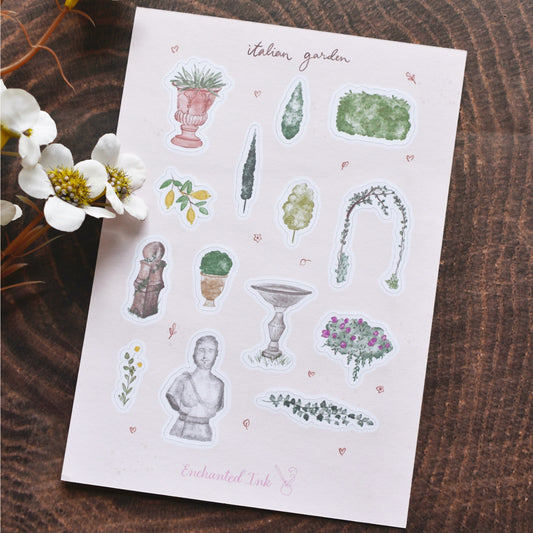 Italian garden watercolour sticker sheet with botanical illustrations