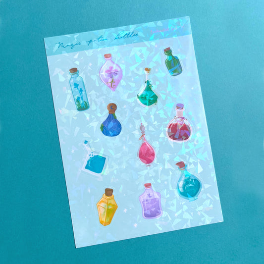 Magical potion bottle vinyl sticker sheet with colourful bottles on light blue background and holographic finish