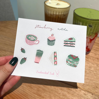 Hand-painted matcha and strawberry stickers with soft watercolor texture