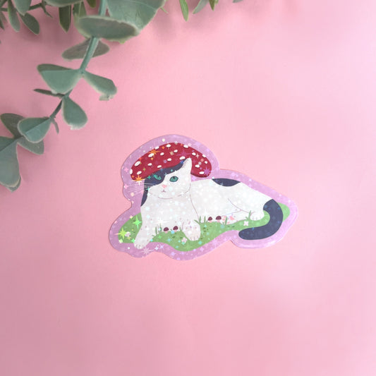 Holographic vinyl sticker featuring a cute fantasy cat wearing a mushroom hat