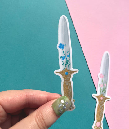 Magical vinyl sword stickers with blue flowers, pink flowers and embedded gem designs