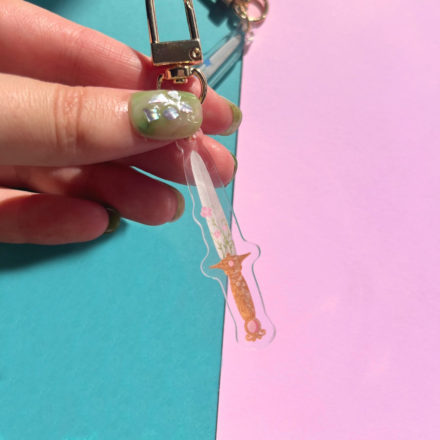 Fantasy Sword Acrylic Keychain Set | Pink & Blue Floral Charms