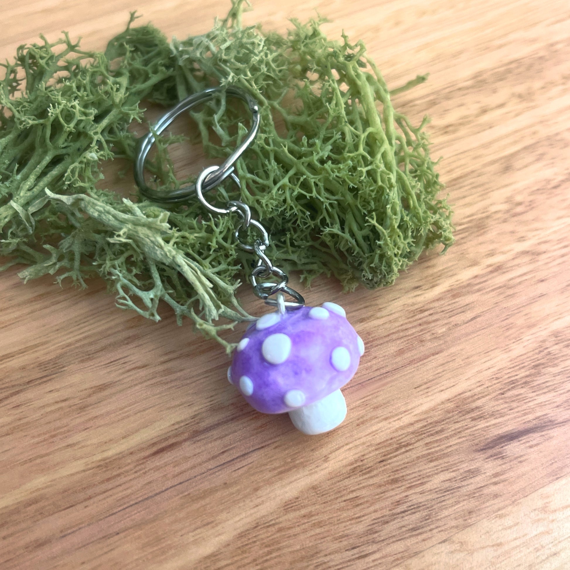 Purple polymer clay mushroom keychain – handcrafted polymer clay mushroom keyring charm