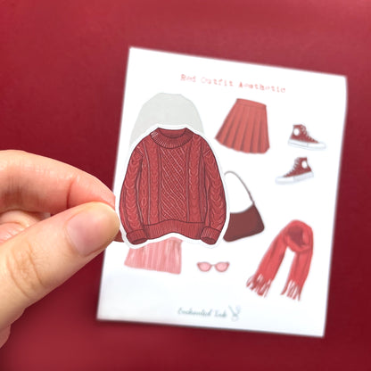 Matte vinyl fashion sticker sheet with red clothing items for journaling