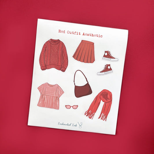 Red outfit aesthetic vinyl sticker sheet featuring sweater, skirt, shoes and accessories