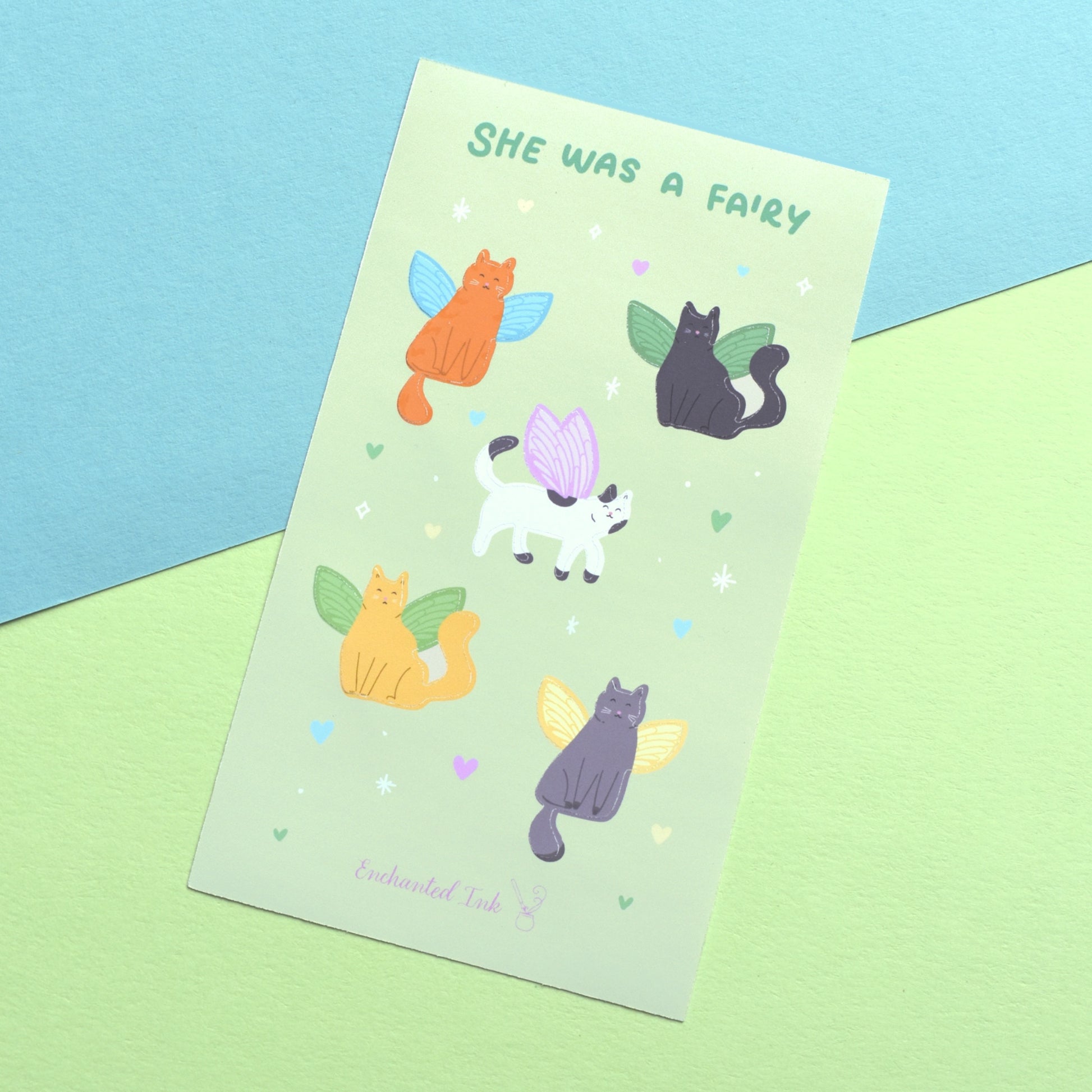 She Was A Fairy sticker sheet featuring cute cats with delicate fairy wings on a vinyl sticker sheet