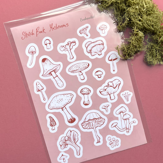 Sketchbook mushrooms vinyl sticker sheet with vintage botanical fungi illustrations