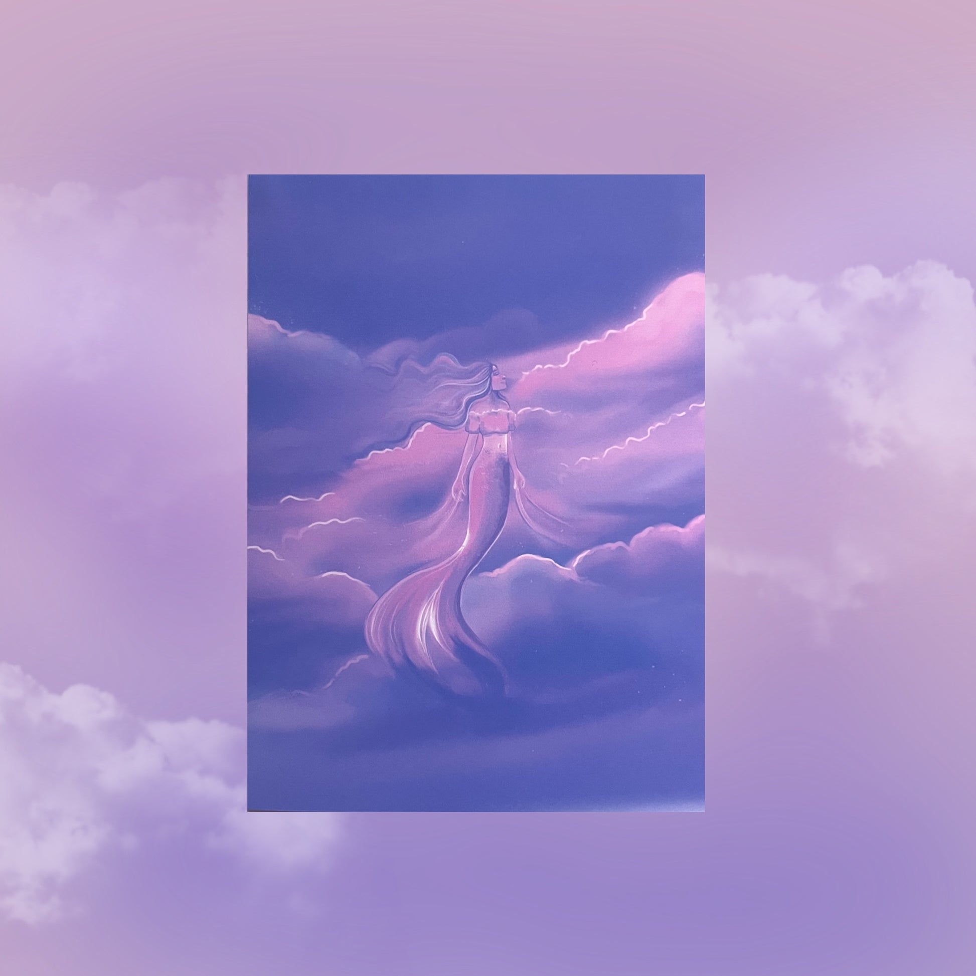 Sky mermaid whimsical fantasy art print with clouds and sunset colours
